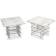 Pair Stacked Lucite Base and Marble Top Square Side Mid Century Modern End Table