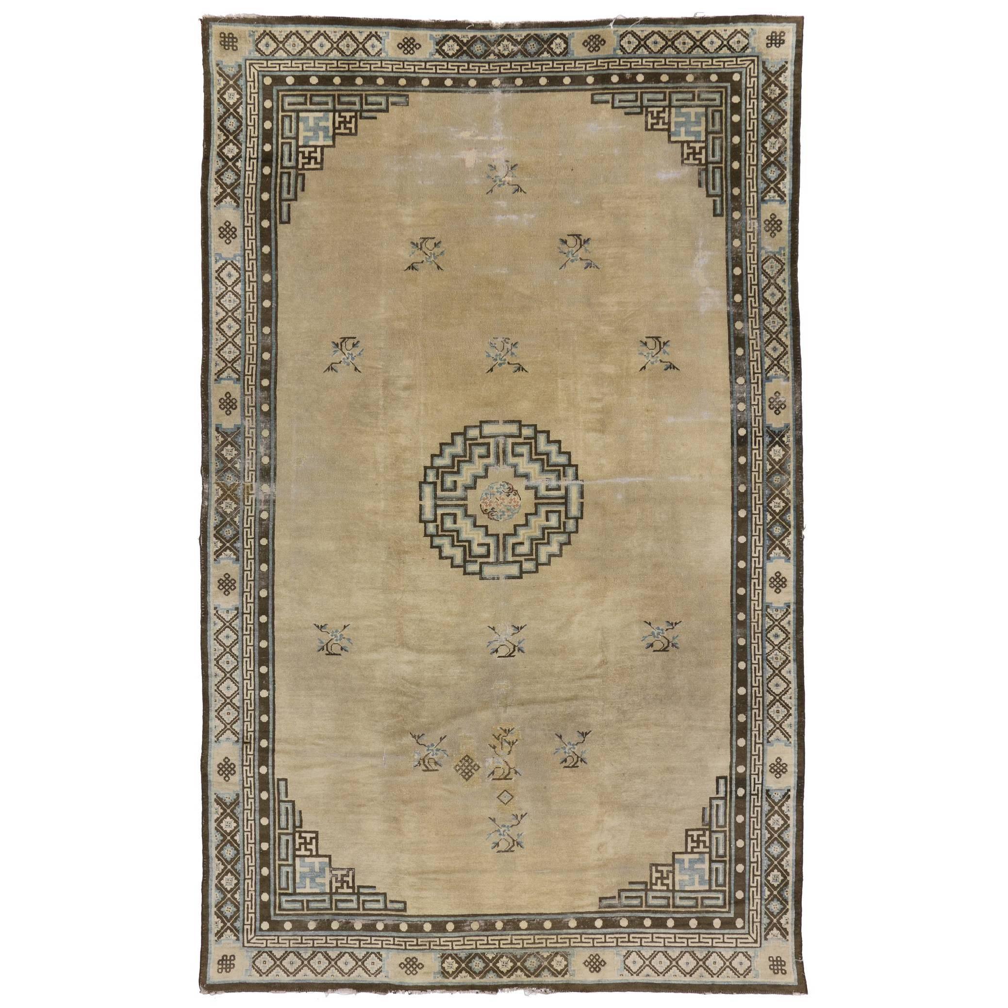 Distressed Antique Chinese Peking Rug with Art Deco Style, Mid-19th Century Rug