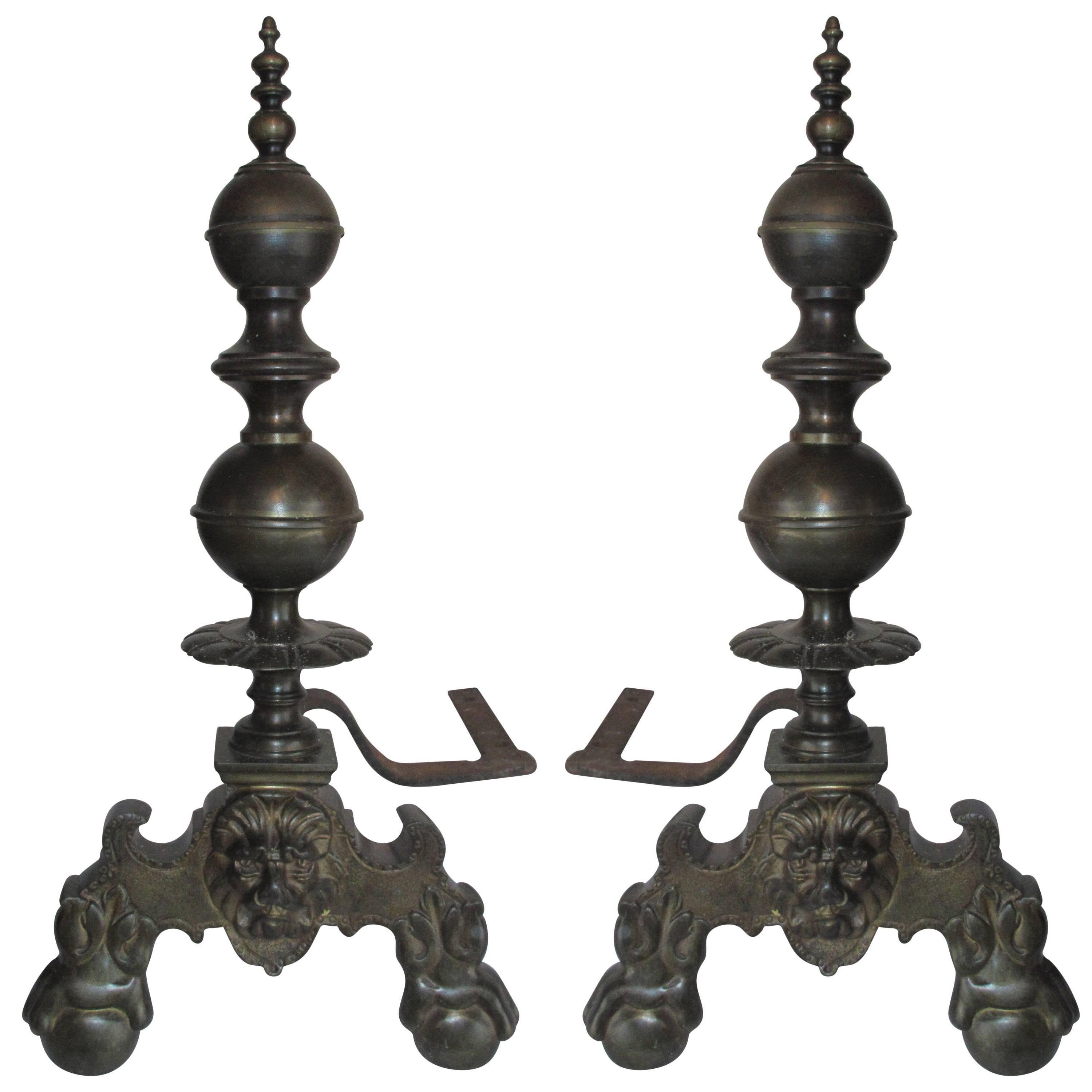 Pair of English Brass Monumental Andirons, circa 1830 For Sale