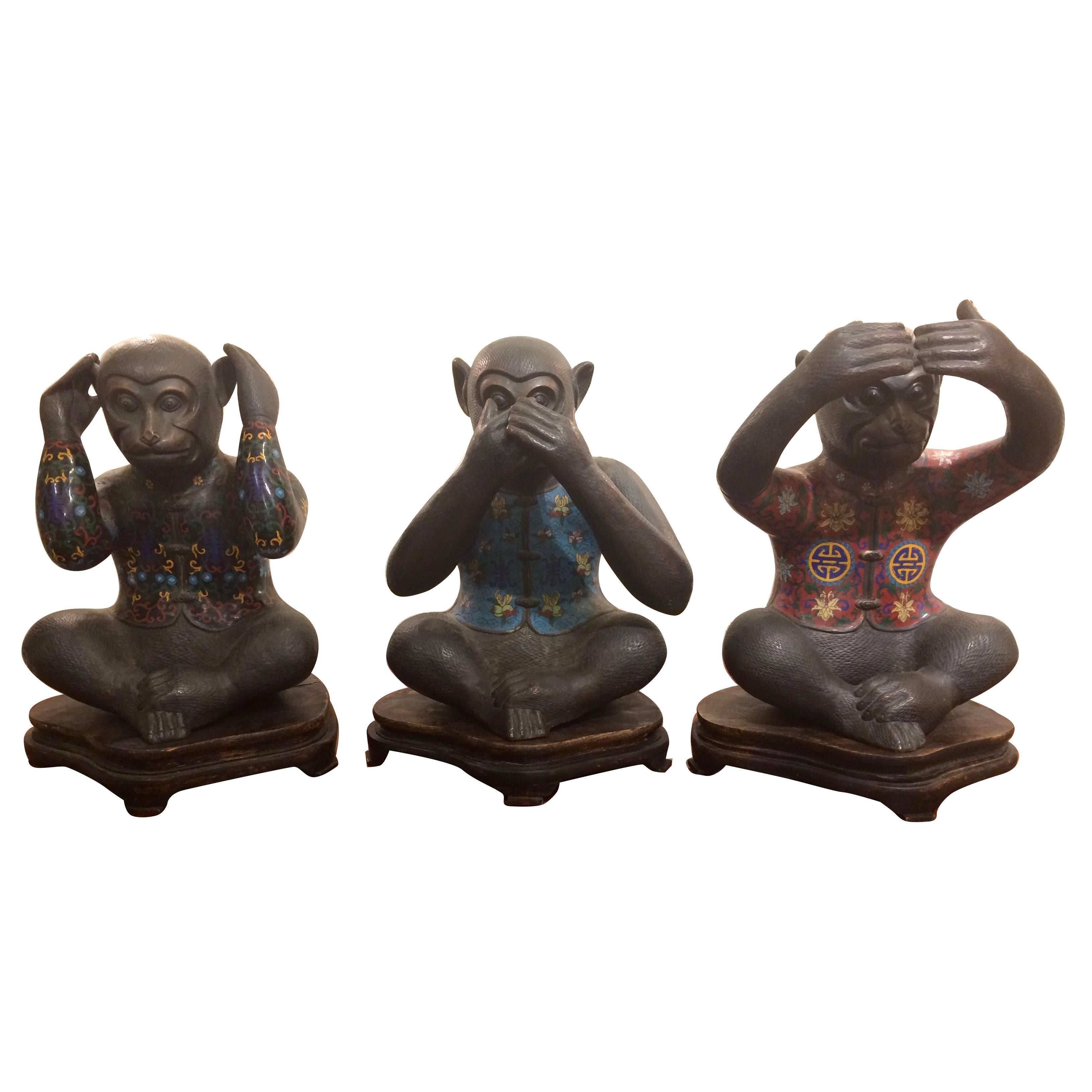 "See, Hear, & Speak No Evil" Bronze and Cloisonne Monkey Sculptures