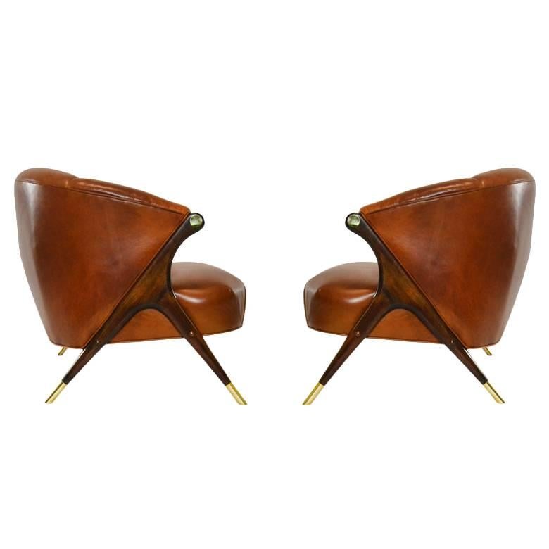 Modernist Karpen Lounge Chairs in Cognac Leather, circa 1950s