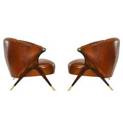 Chaises longues modernistes Karpen en cuir cognac:: circa 1950s