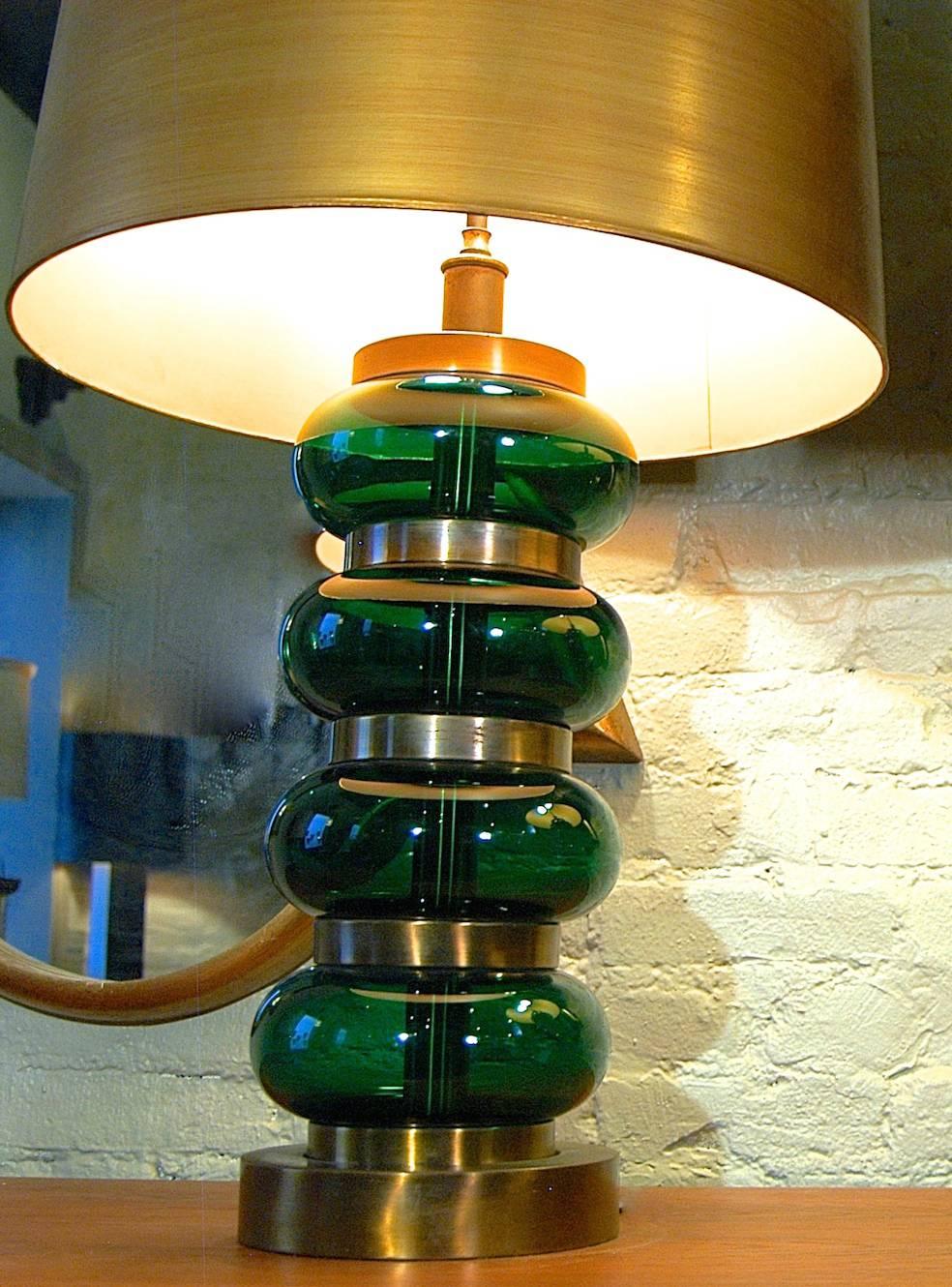 Hollywood Regency Stacked Brass and Glass Table Lamp by Paul Hanson 