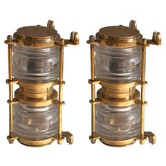 Retro Pair of Brass Double Light Passageway Lights with Fresnel Lens