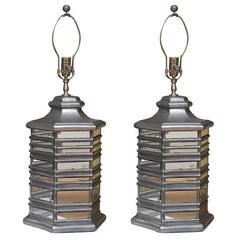 Pair Asian Pagoda Styled Lamps with Mirror Inserts and Silvered Wood Trim