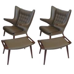 Pair of Early Original Hans Wegner Papa Bear Chairs w/ Ottomans in Taupe Leather