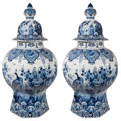 Vintage A Pair of Large Dutch Delft Blue and White Covered Vases