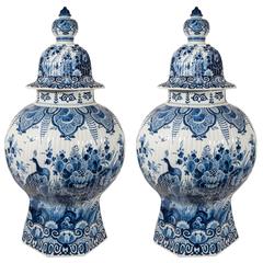 A Pair of Large Dutch Delft Blue and White Covered Vases