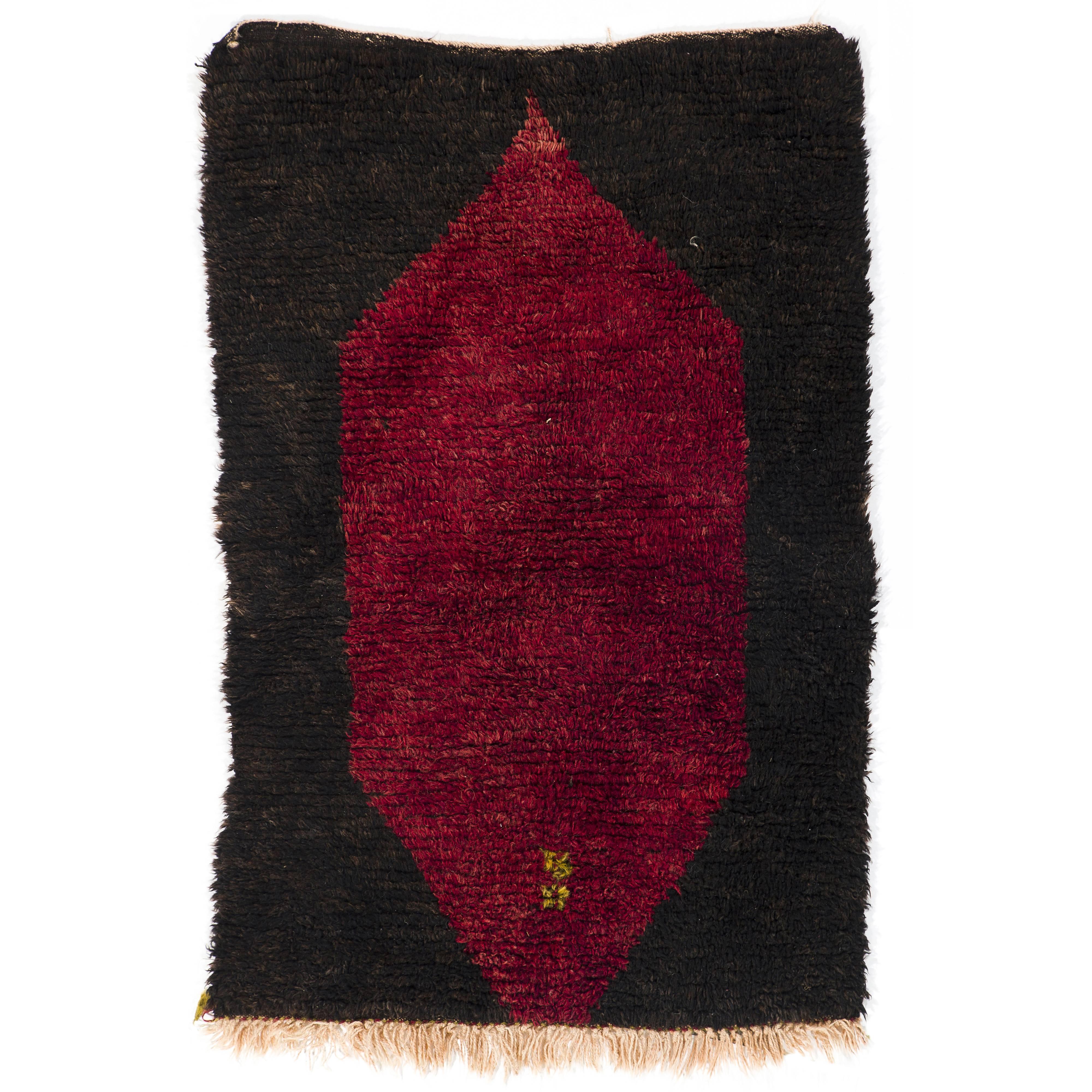 One-of-a-Kind Vintage Hand-knotted Turkish Tulu Rug in Red and Brown. 100% Wool.
