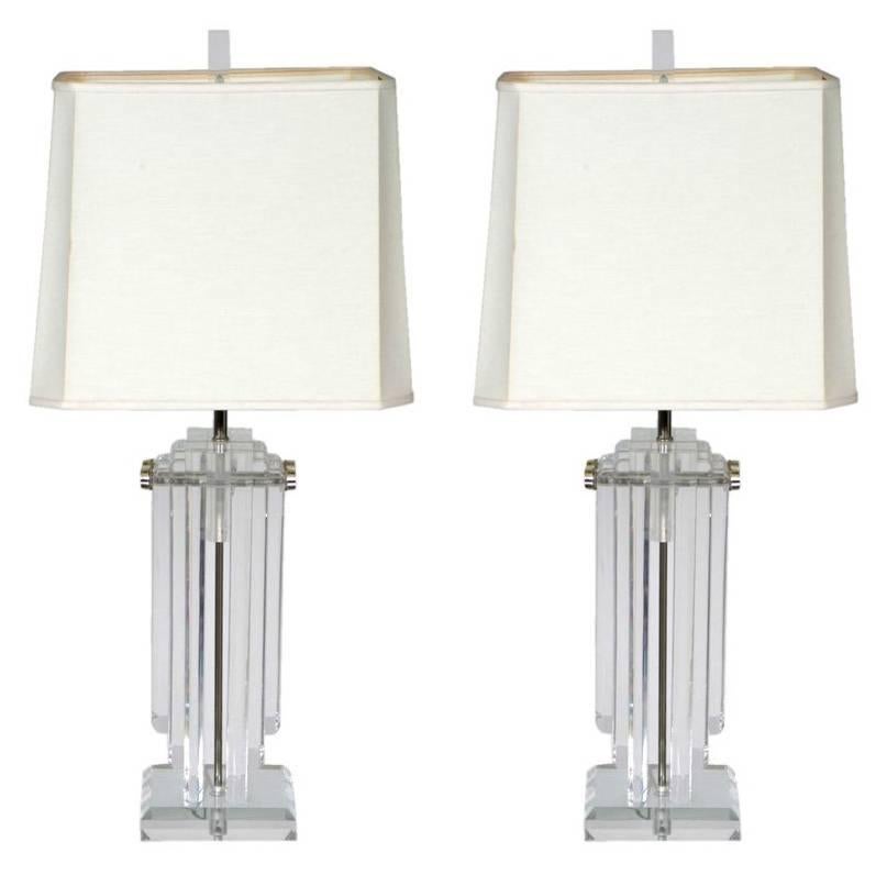Pair of Heavy Stepped 1970s Lucite Lamps For Sale