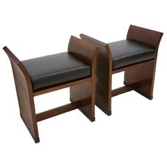 Pair of Art Deco Walnut Benches with Curved Sides, France, circa 1930