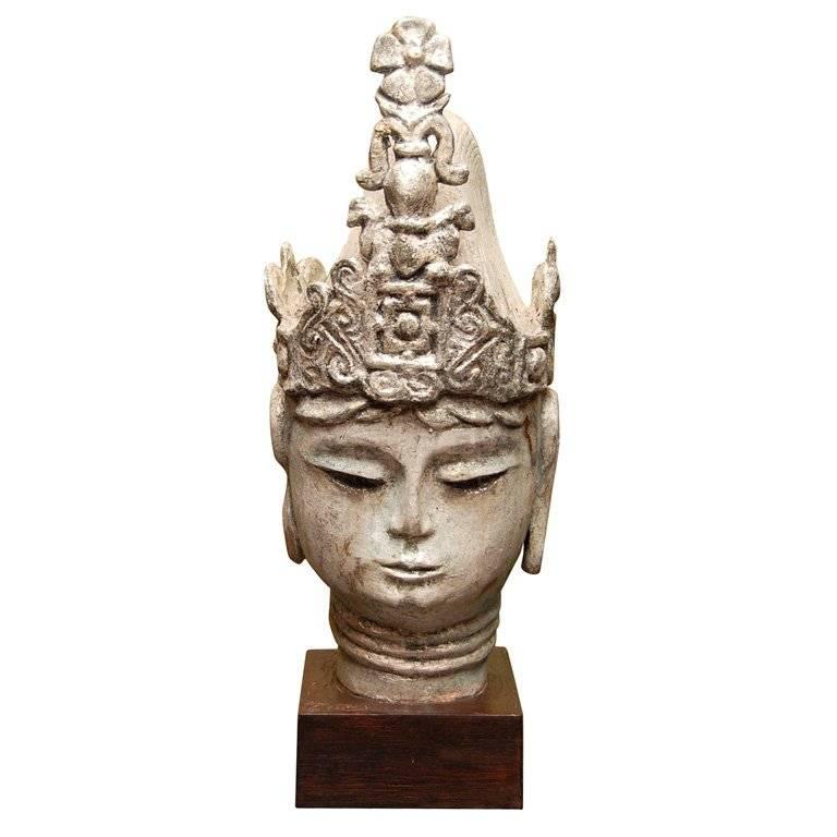 Late 19thC.Thai Silver Leafed Buddha Head on Wooden Stand