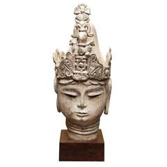 Late 19thC.Thai Silver Leafed Buddha Head on Wooden Stand