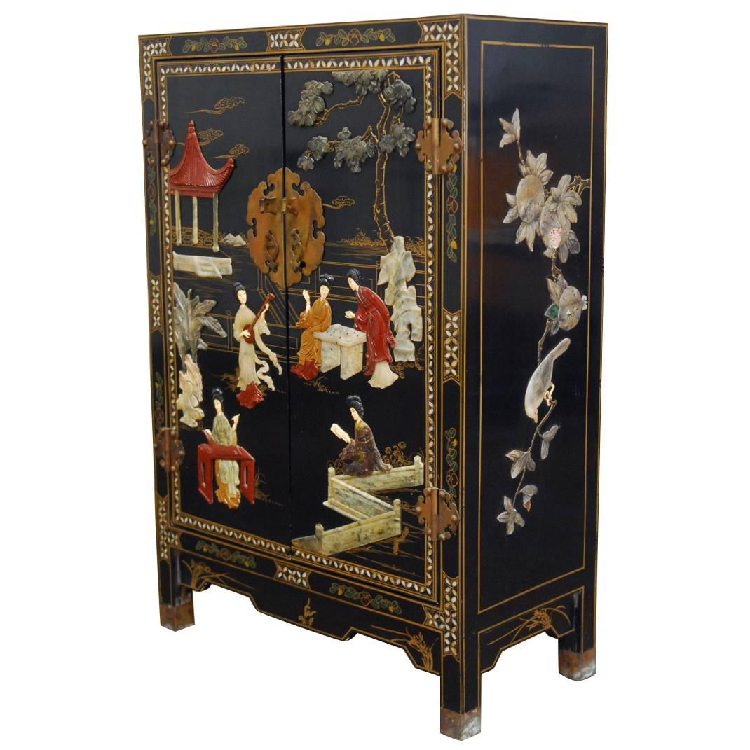 Chinese Black Lacquer Soapstone Scholars Cabinet