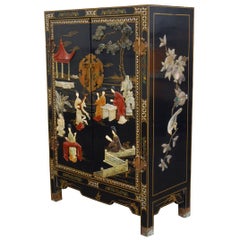 Chinese Black Lacquer Soapstone Scholars Cabinet