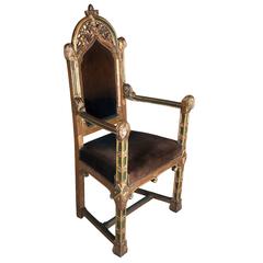 Unusual Gothic Revival Carved, Giltwood and Painted Armchair 1