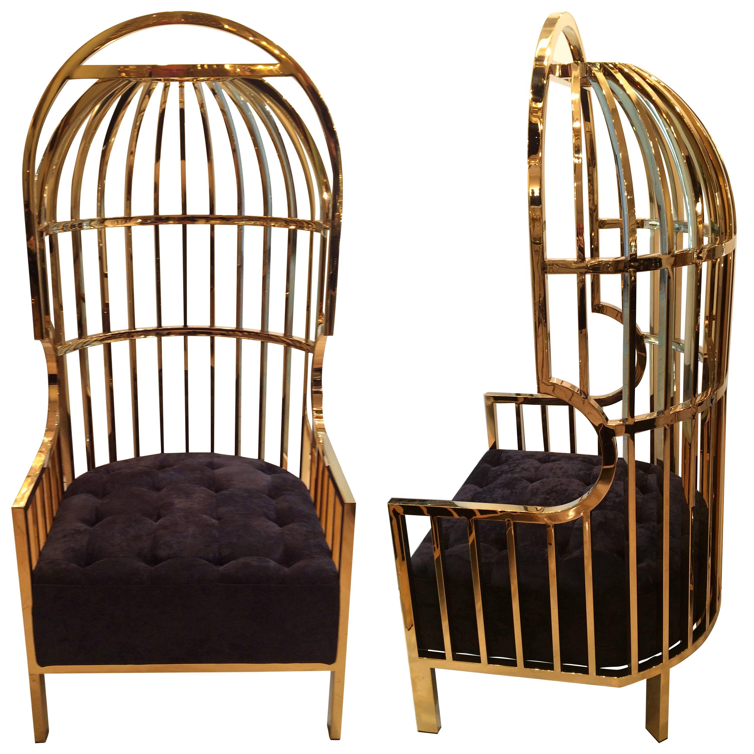 Pair of Big Gold Cage Armchairs For Sale