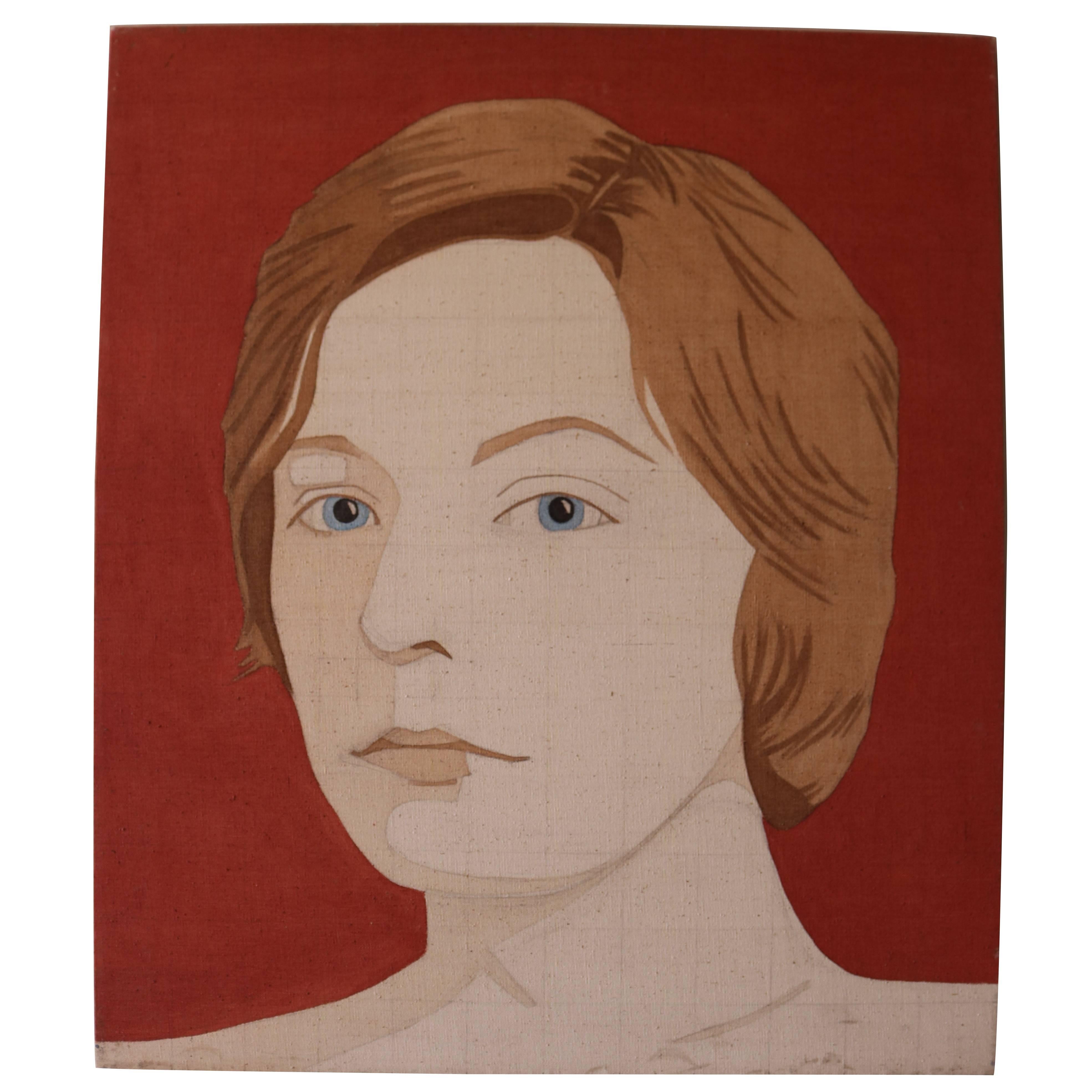 Vintage Red Portrait of a Woman by Henry Kalt in Style of Alex Katz