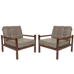 Pair of Mid-Century Brazilian Caviuna Armchairs in Moss-Green Polyester-Suede