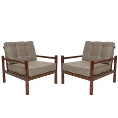 Pair of Mid-Century Brazilian Caviuna Armchairs in Moss-Green Polyester-Suede 3