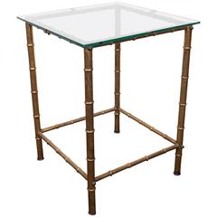 Midcentury Gold Leaf Bamboo Motif Side Table with Glass Top by LaBarge
