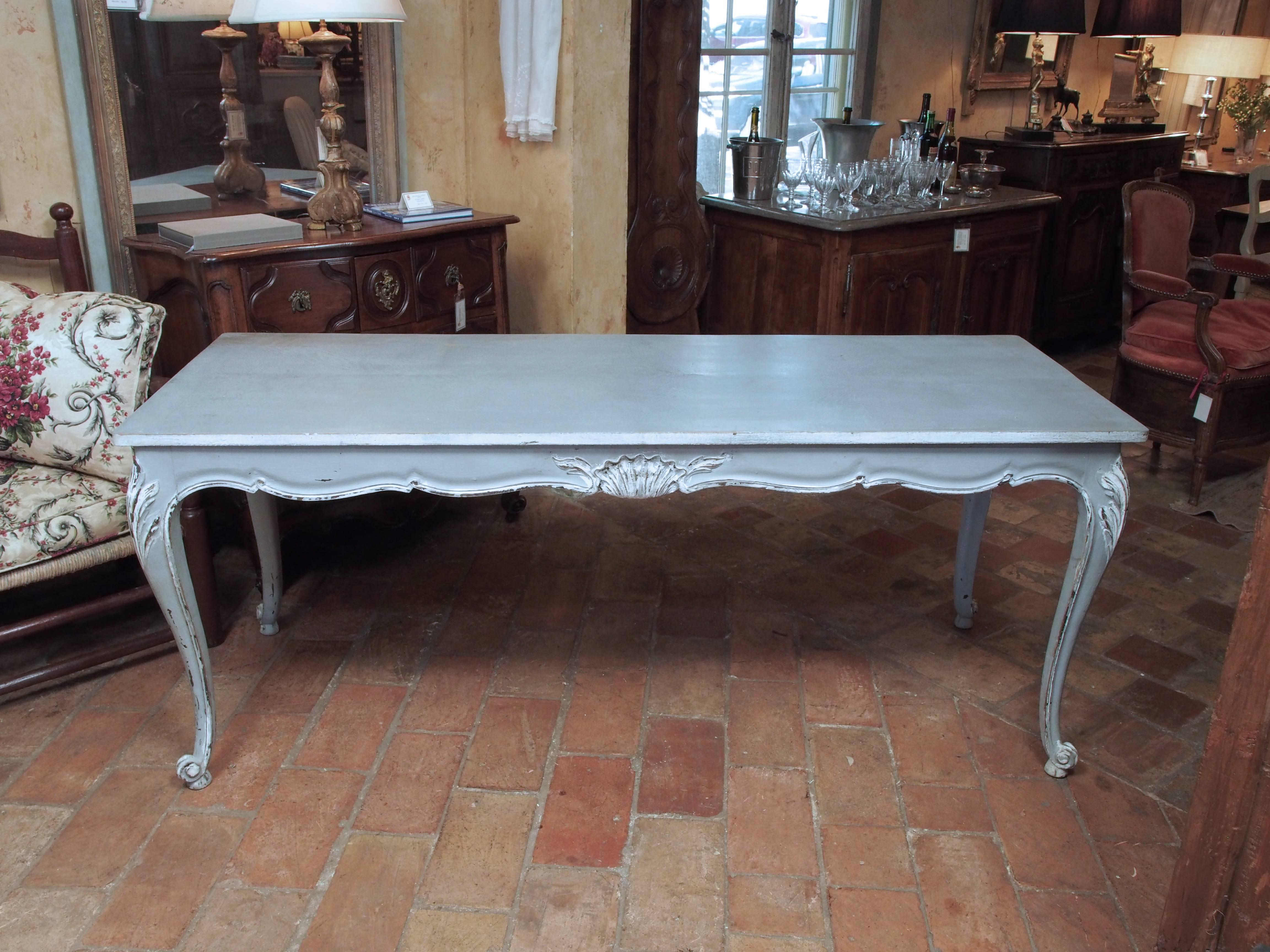 19th century carved French hand-painted blue-grey Louis XV style table, with sculpted apron and legs.