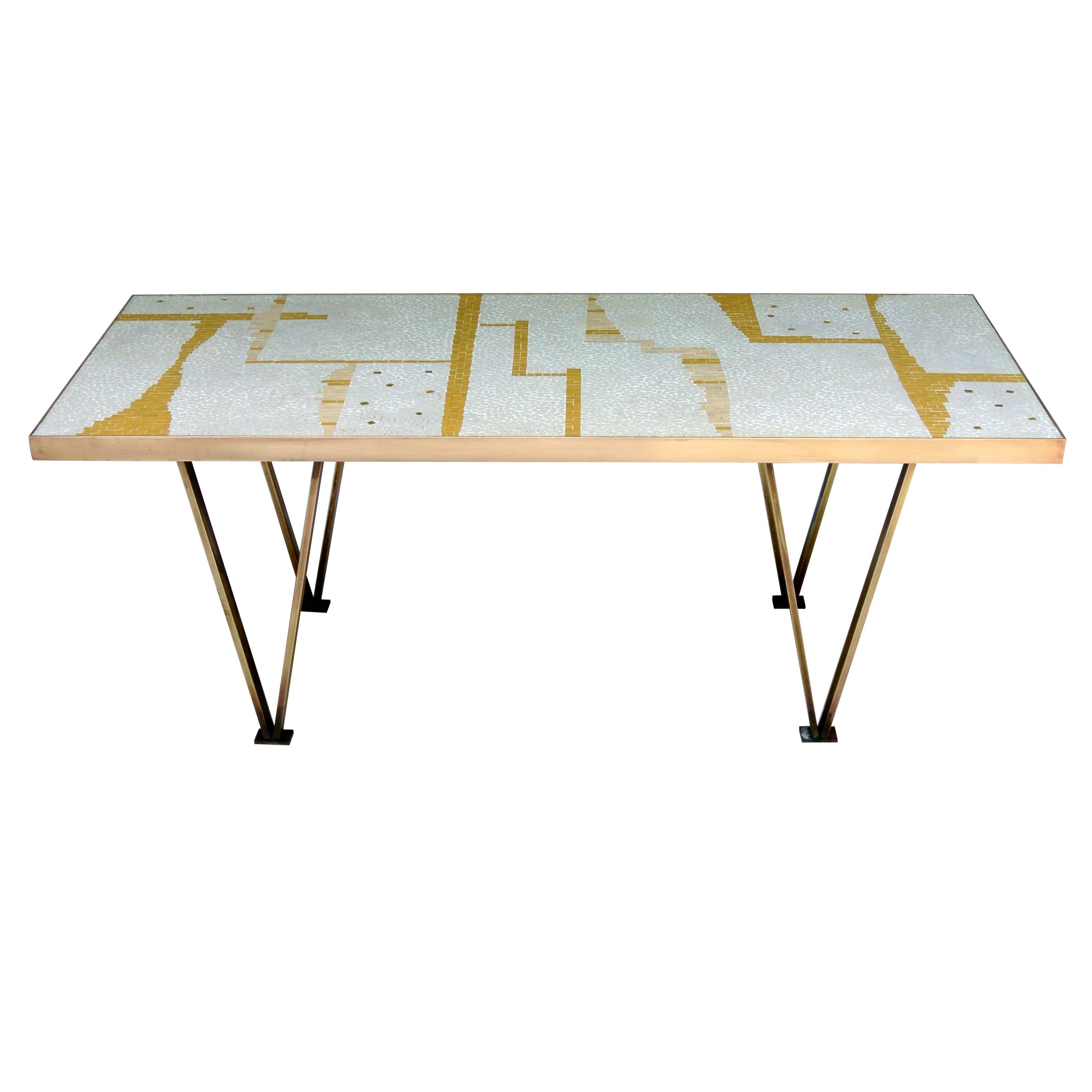 Ceramic tile coffee table handcrafted  bronze framed mid-century from an unknown California studio . 
An abstract mosaic of sienna, umber and alabaster on a background of white tiles. with a scattering of gold mirrored tiles 
The table is in