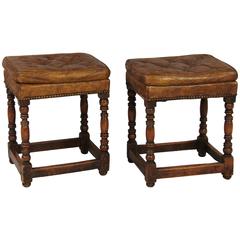 Pair of French Walnut Stools with Tufted Leather Seats