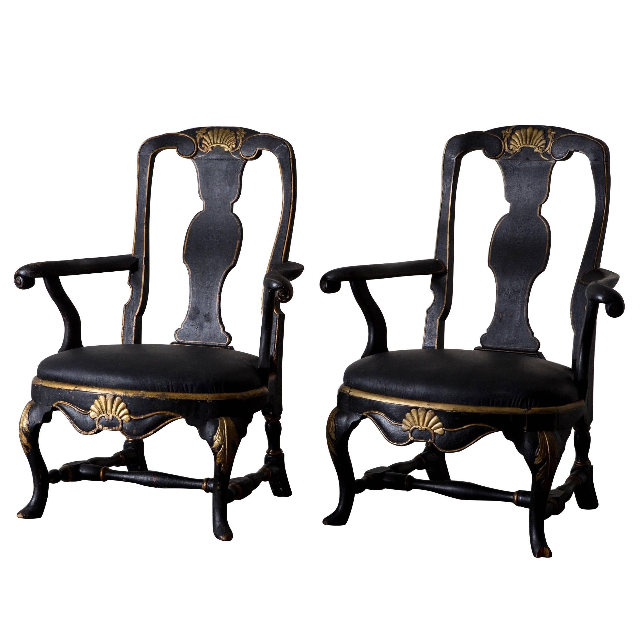 Armchairs Assembled Pair Swedish Rococo, 18th Century Period Black Sweden