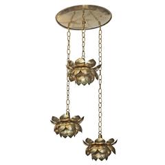 Three Pendant Light Lotus Brass Chandelier by Feldman