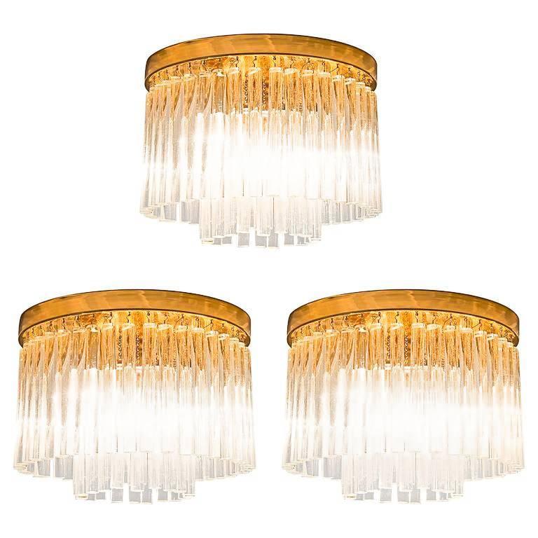 Set of Three Glass and Brass Ceiling Lights For Sale at 1stdibs