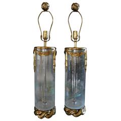  Pair of Mid-Century Italian Glass And Brass Lamps