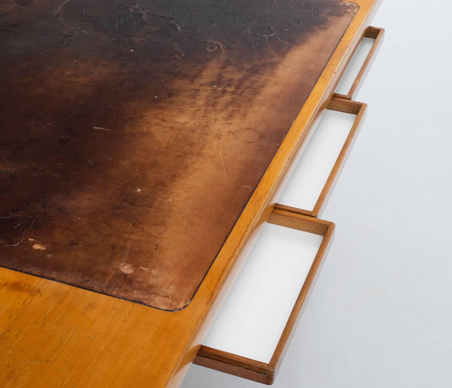Italian Early Osvaldo Borsani Writing Desk with Patinated Leather Inlay