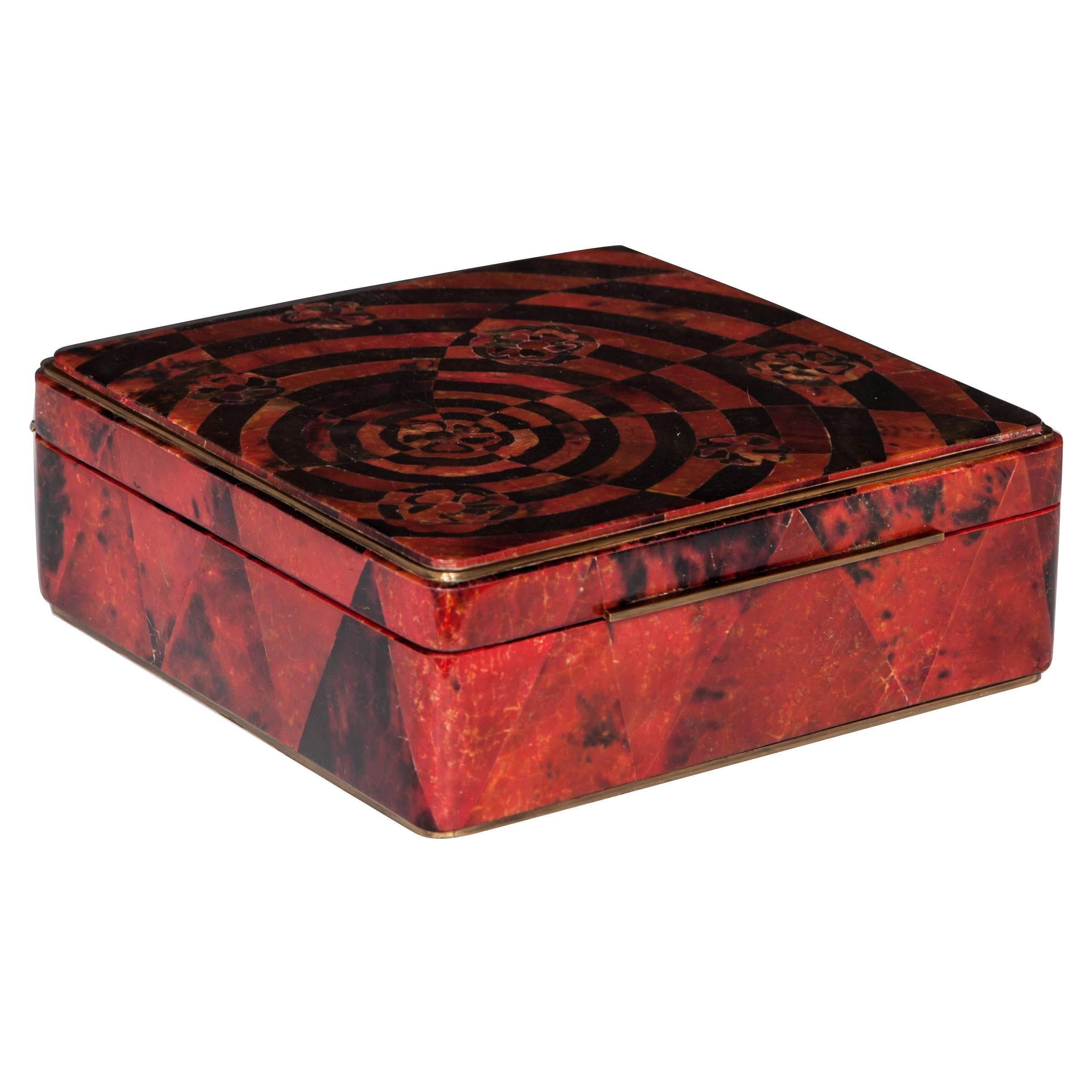 Pen Shell Box in Ruby Red with Geometric Inlay Design