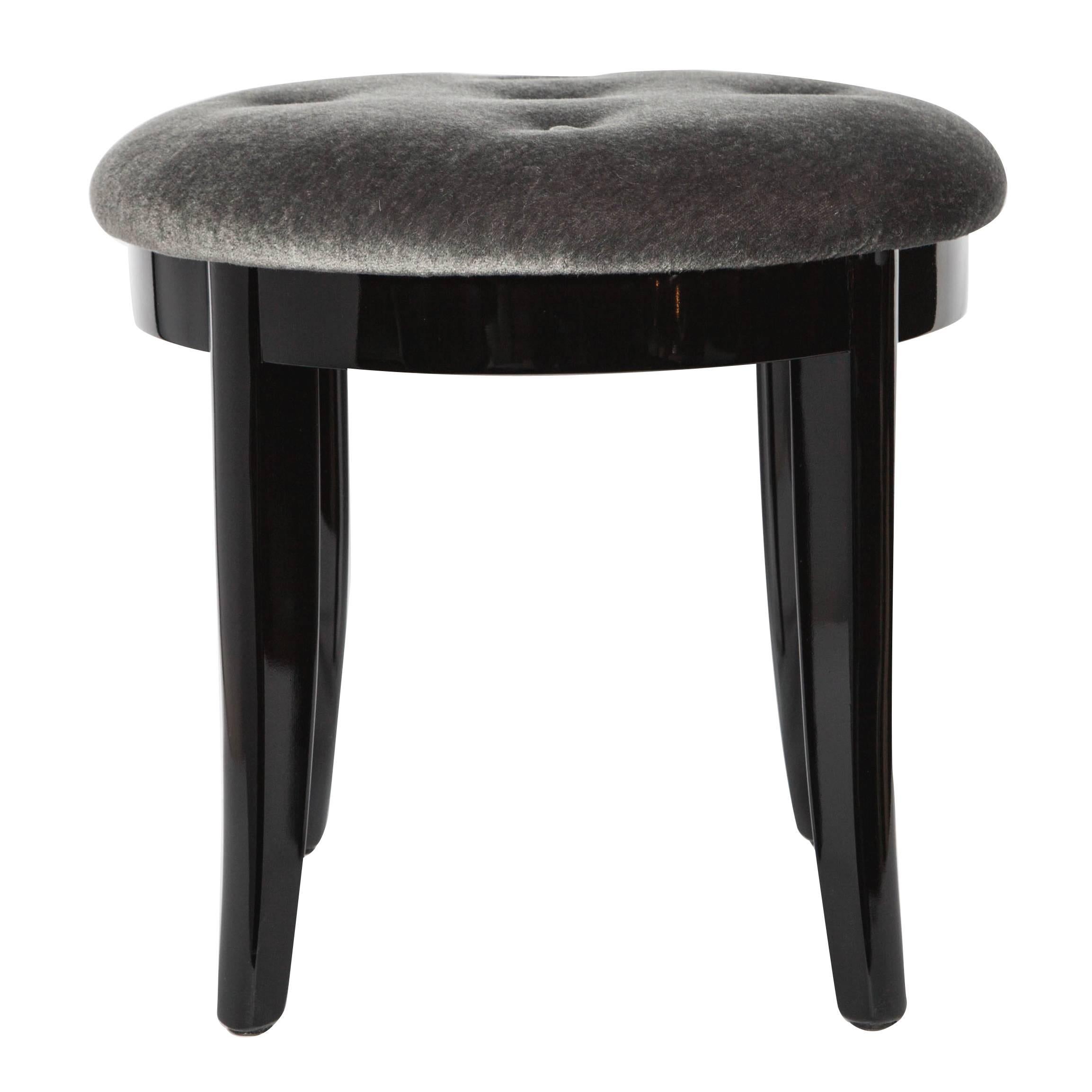 Elegant Art Deco Vanity Stool in Black Lacquer and Grey Mohair