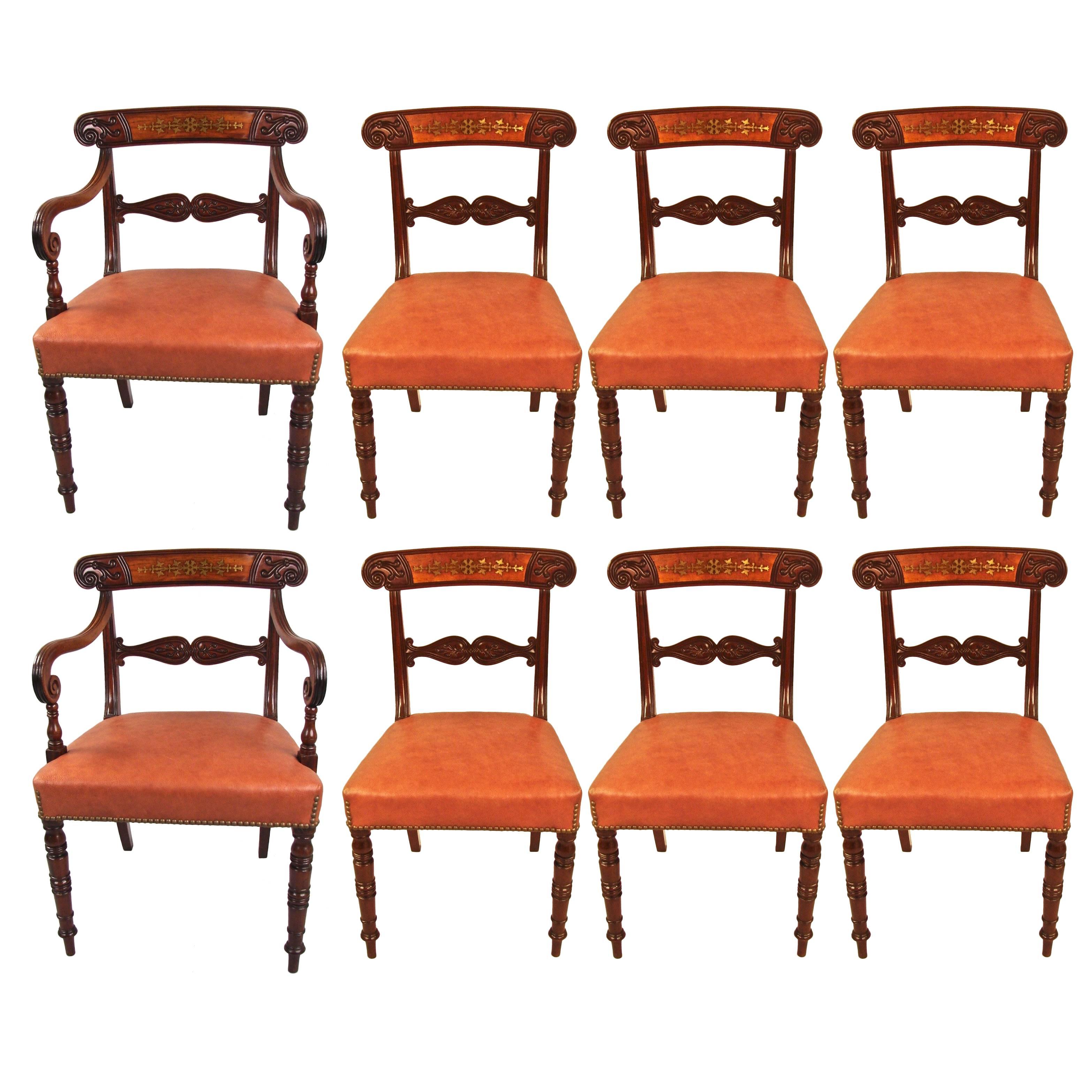  Set of Eight Regency Mahogany Brass Inlaid Leather Upholstered Dining Chairs 