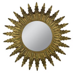 Miroir en métal doré Sunburst avec feuilles rayonnantes et plateaux aux teintes vertes