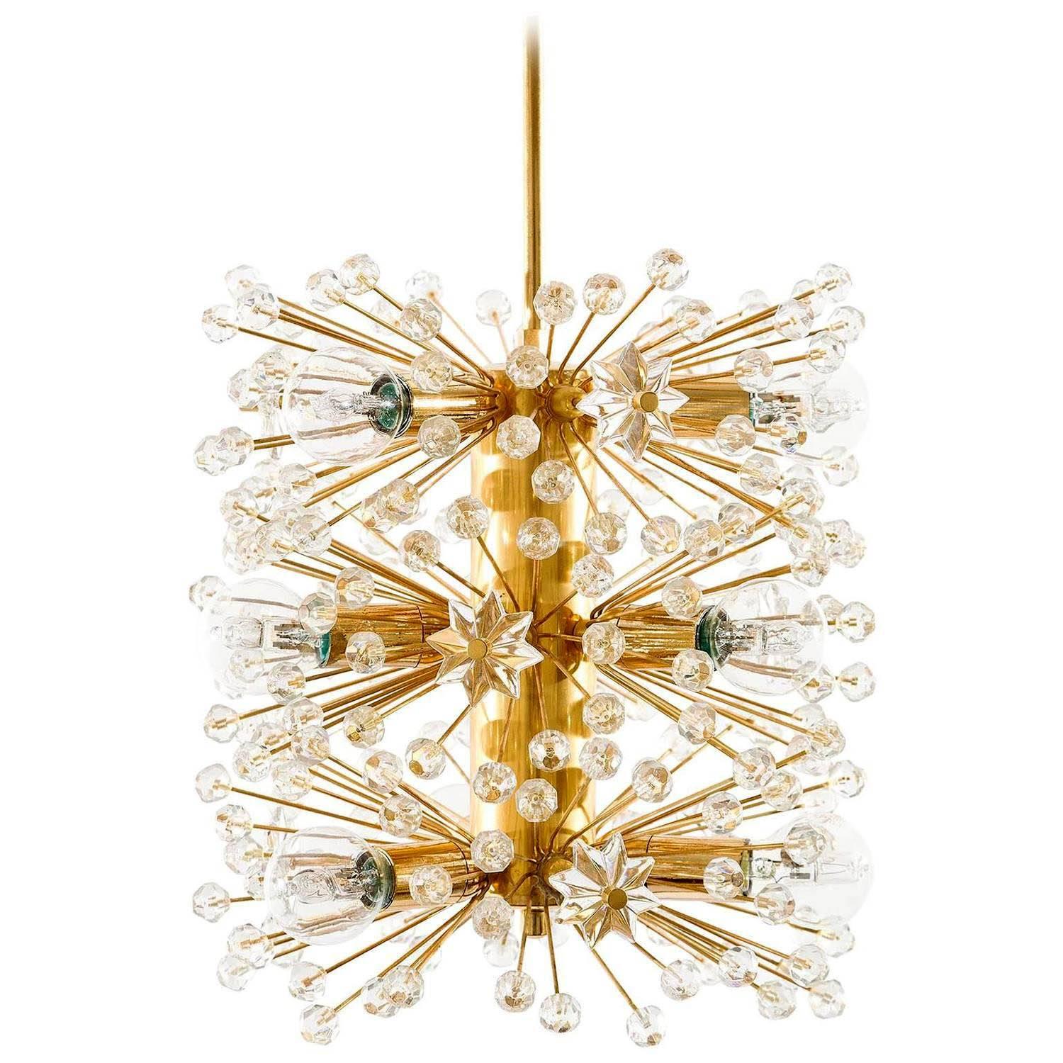 Emil Stejnar Sputnik Pendant Light or Chandelier, Gilt Brass Crystal Glass, 1960