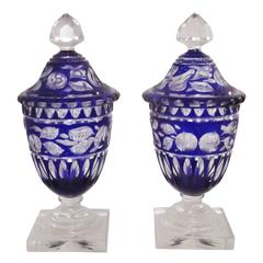 Pair of 19th Century English Cobalt Hand Cut Glass Covered Urns