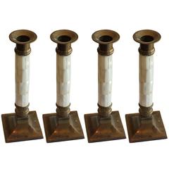 Set of Four Brass and Mother of Pearl Hollywood Regency Candlesticks
