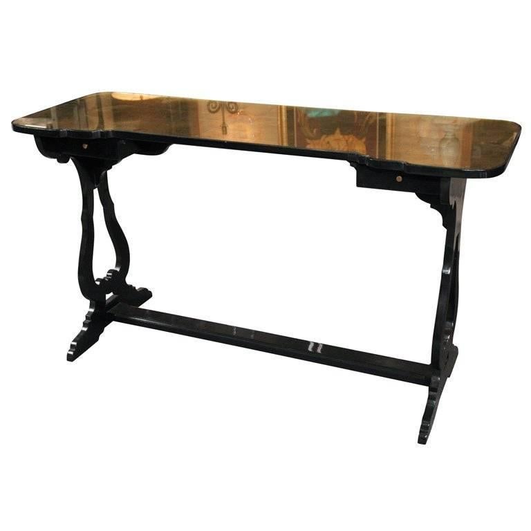 Maison Jansen Ebonized Console Table Eglomise Gilt Glass Top Over Two Drawers