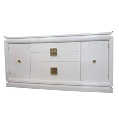 Sparkling 1950s White Lacquered Credenza with Brass Pulls   