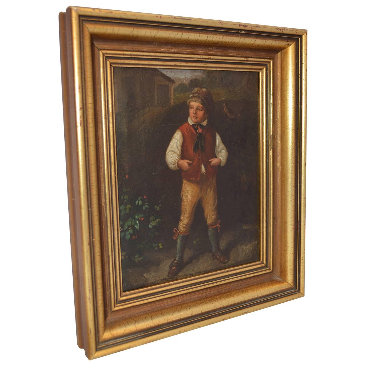 Early oil on canvas painting of boy dressed up and posing for the artist.