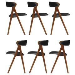Six Midcentury Walnut Curved Back Dining Chairs 