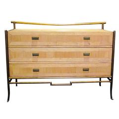 Mid Century Three Drawer Commode, Bamboo Inlay With Brass Trim, Spain, 1960s
