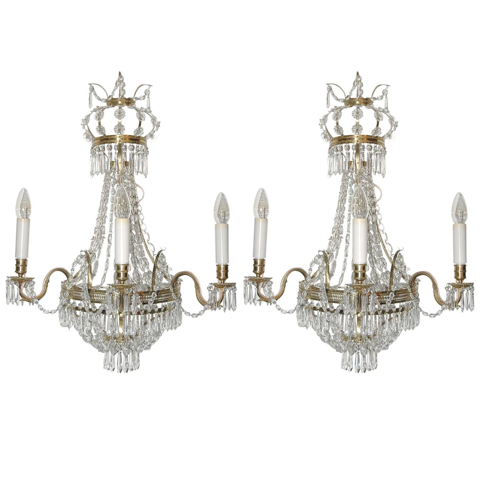 Pair of Scandinavian Cut Glass and Crystal Sconces