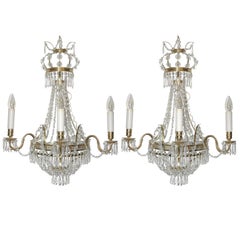 Vintage Pair of Scandinavian Cut Glass and Crystal Sconces