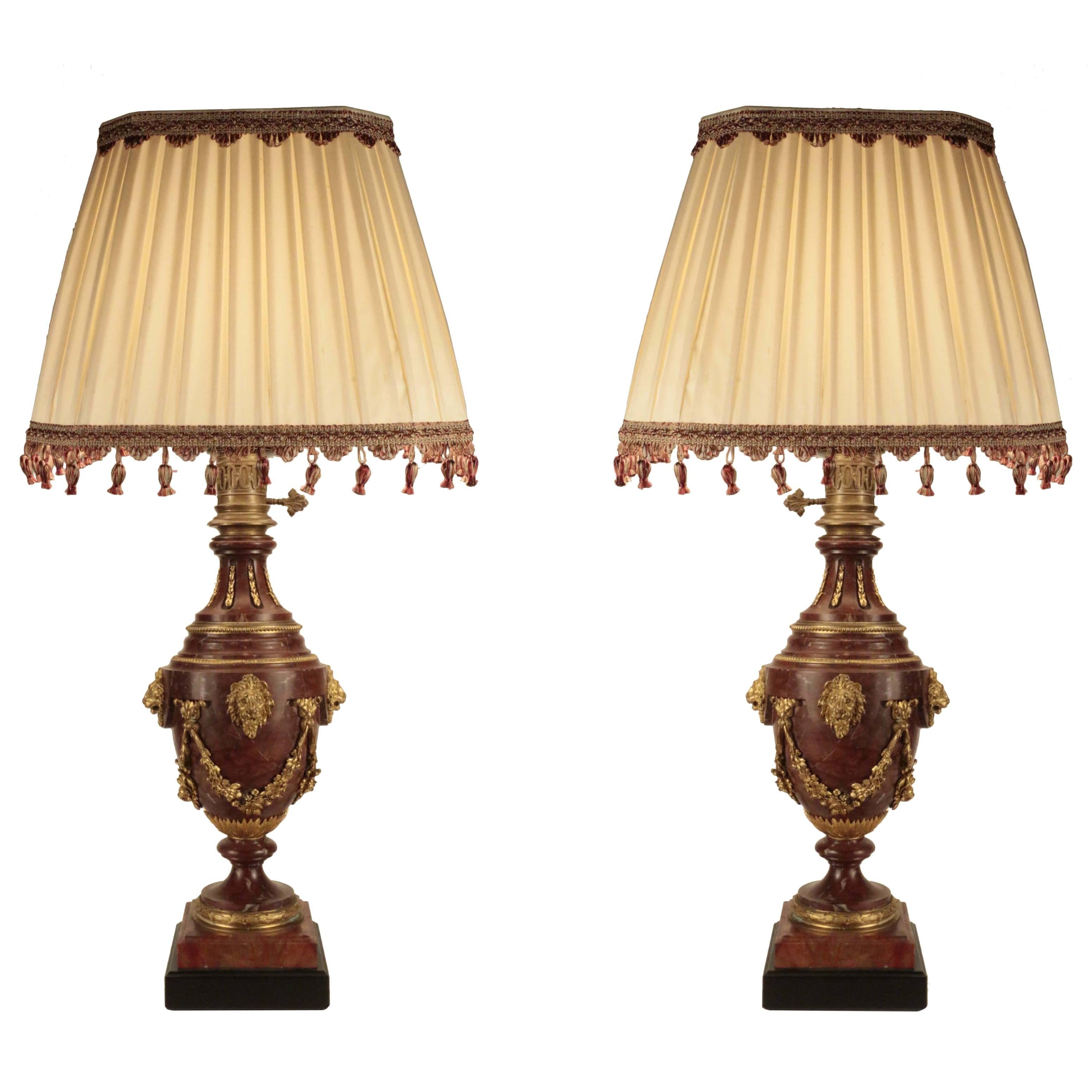 Pair of Rouge Marble and Gilt Bronze Lamps For Sale