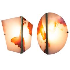 twobe, pair of light sconce, onyx stone wall lamp with brass antique body