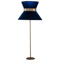  Tiffany contemporary Floor Lamp blue Silk, Antiqued Brass, Silvered Glass     